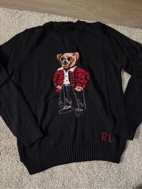 Polo by Ralph Lauren Black Sweater with Bear Intarsia in Red Jacket